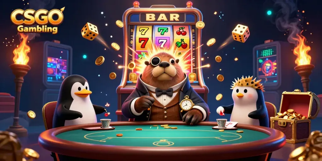 CSGO Gambling scene with a jolly walrus playing poker with a penguin dealer and pufferfish, featuring vibrant casino elements.