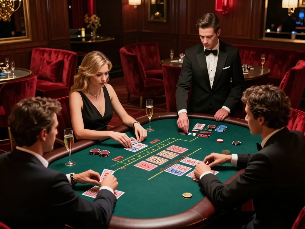 Players strategizing at the baccarat table in KP88 casino, capturing high-stakes gameplay.