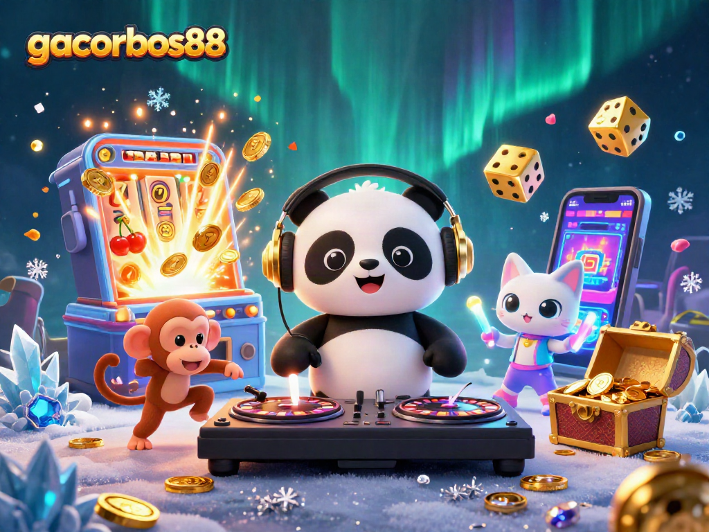 Spin for riches with gacorbos88 in this dynamic casino scene featuring lively characters and vibrant jackpot elements.