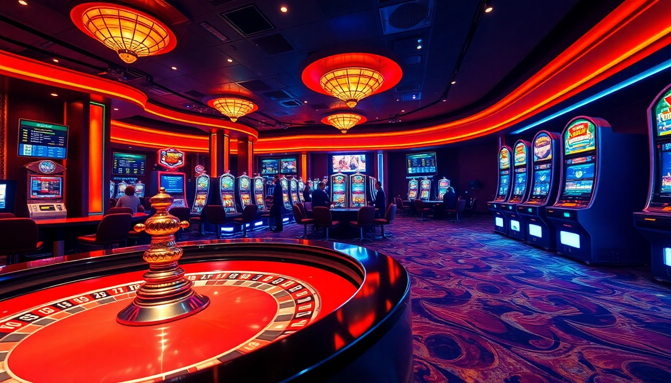 Experience the excitement of TRANG CHỦ HBBET with a vibrant casino scene featuring roulette tables and poker chips.