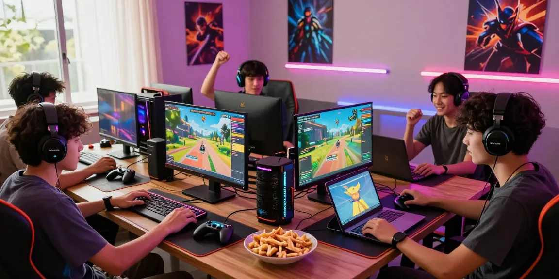 Enthusiastic players enjoying TOGEL ONLINE gaming in a vibrant room filled with gaming gear and snacks.