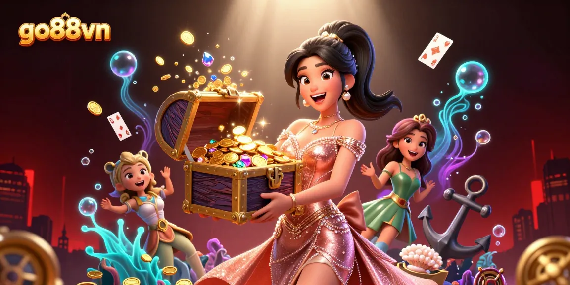 Experience the excitement of go88vn with a vibrant treasure chest overflowing with gems and coins.