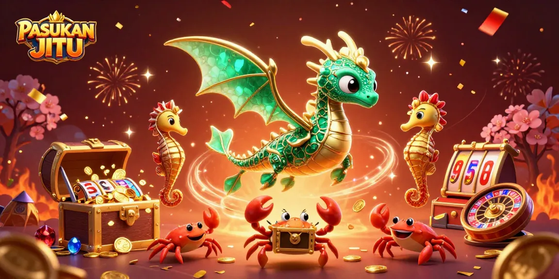 Experience the thrill of PASUKAN JITU with this vibrant 3D illustration featuring slot reels and treasure!