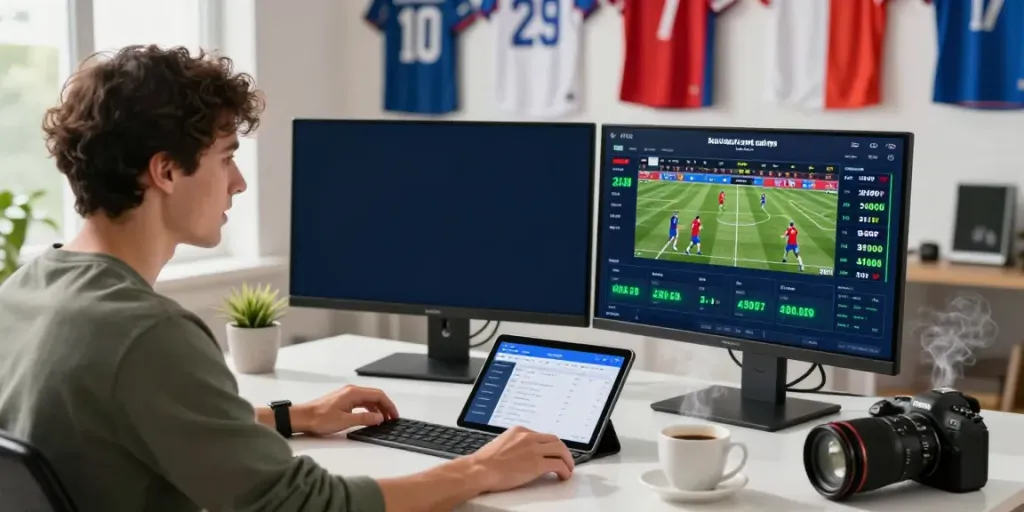 Engaged sports bettor analyzing live odds on dual monitors, capturing the excitement of statymuzona.