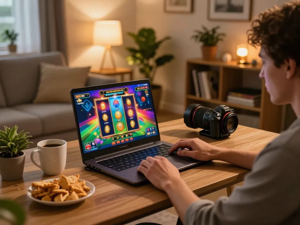 Join the excitement of mpoid online slot gaming as a player engages with colorful graphics on a laptop at home.