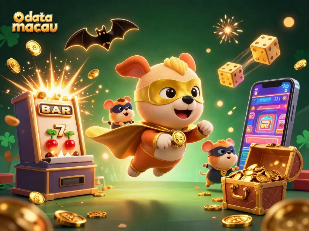 Menang dengan data macau: ilustrasi kasino dengan jackpot dan karakter ceria.