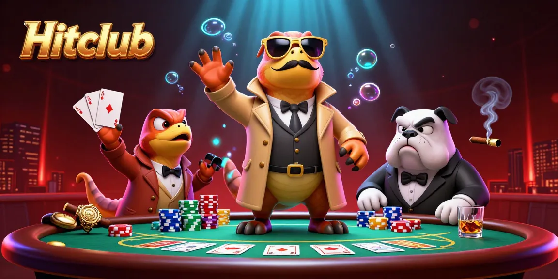 Engage in high-stakes poker at Hitclub with vibrant visuals of a fun casino scene featuring cartoon raptors.