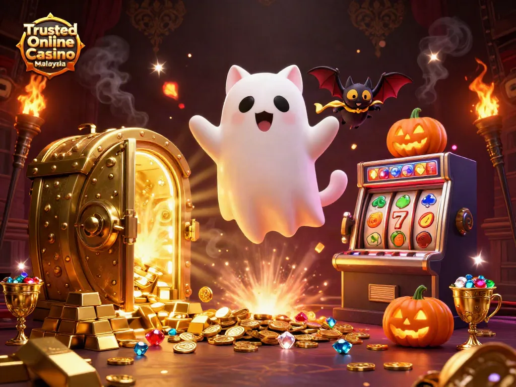 Engaging scene of Trusted Online Casino Malaysia showcasing friendly ghost cat, vampire bat, and glowing jack-o-lanterns amidst casino game excitement.