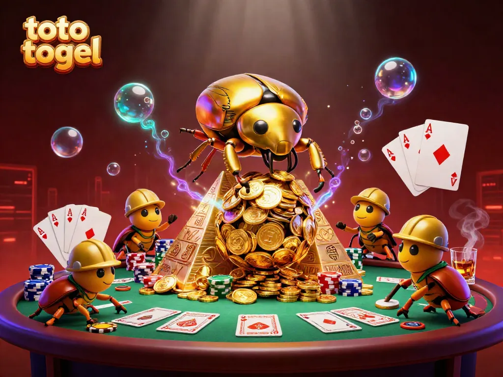 Experience the thrill of toto togel with a golden beetle rolling coins amid casino symbols and vibrant gameplay.
