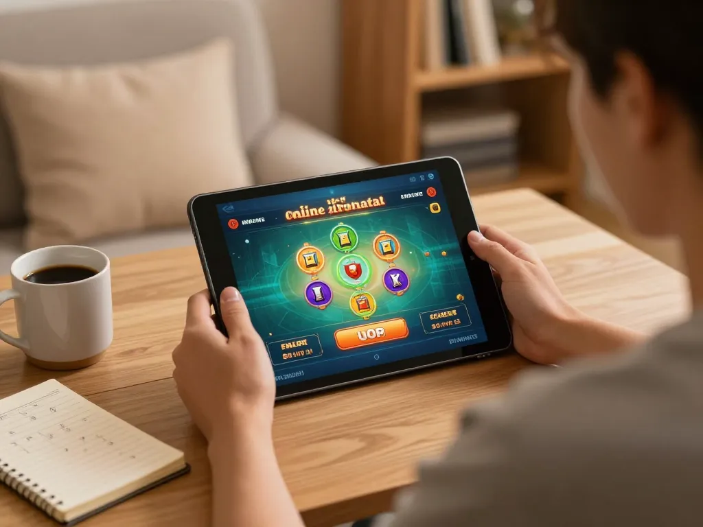 Engaging online casino gaming setup showing link alternatif access on tablet while immersed in strategies