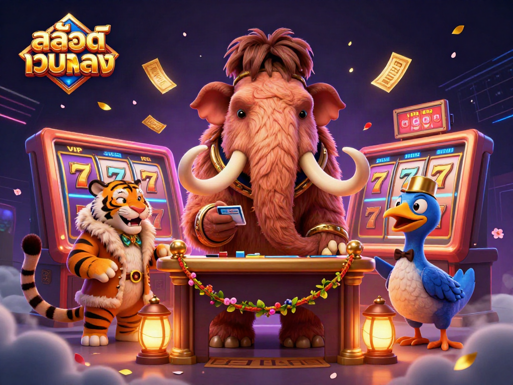 Engage with สล็อตเว็บตรง as a woolly mammoth bouncer checks IDs, amidst vibrant casino elements.