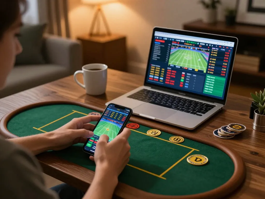 Engaging in sports betting with God55vn app on smartphone in cozy home setting