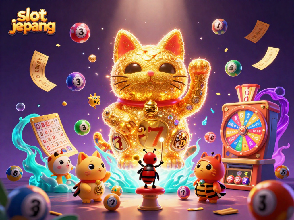 Experience the thrill of slot jepang with a captivating illustration of a giant lucky cat and dynamic casino symbols.