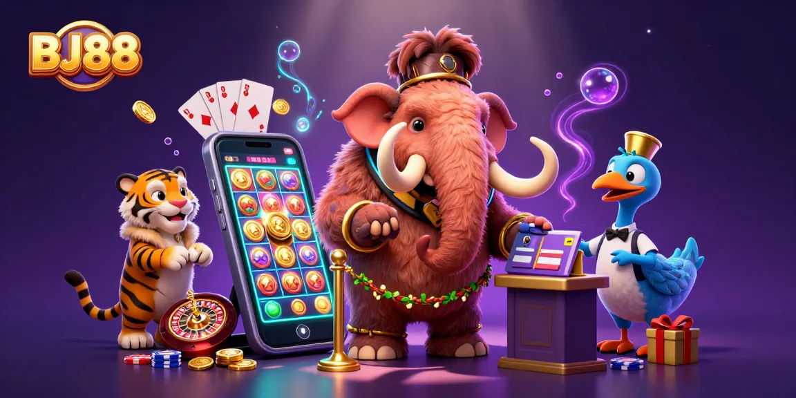 Experience the excitement at BJ88 with our vibrant casino illustration featuring a mammoth bouncer and dynamic gaming elements.