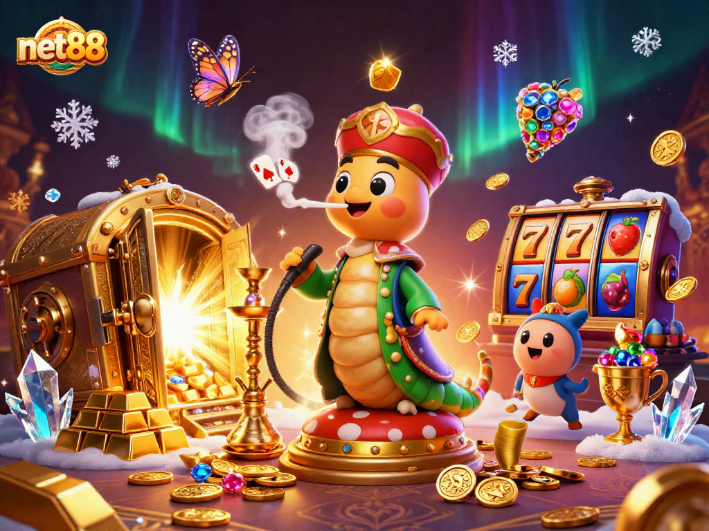 net88 engages players with vibrant, dynamic casino art showcasing slot reels and golden treasures