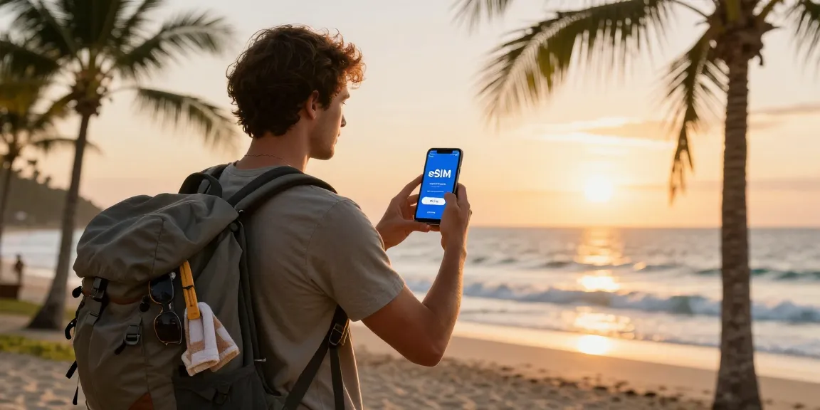 Global traveler with a second number eSIM enjoying sunset on the beach