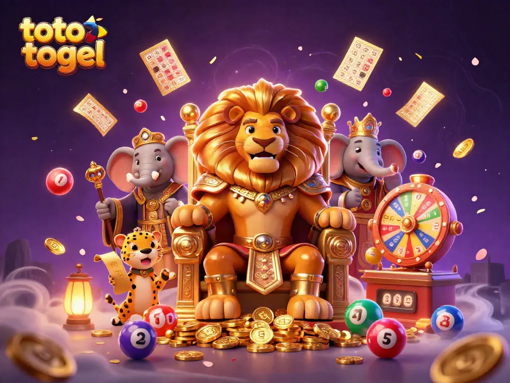 Experience the excitement of toto togel with a lion king, elephant advisor, and cheetah messenger in a vibrant lottery scene.