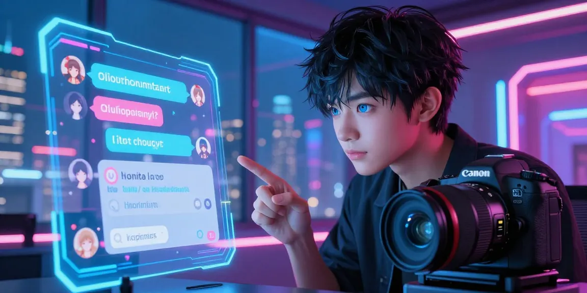 User engaging in AI hentai chat with a vibrant anime character in a futuristic setting, showcasing interactive digital features.