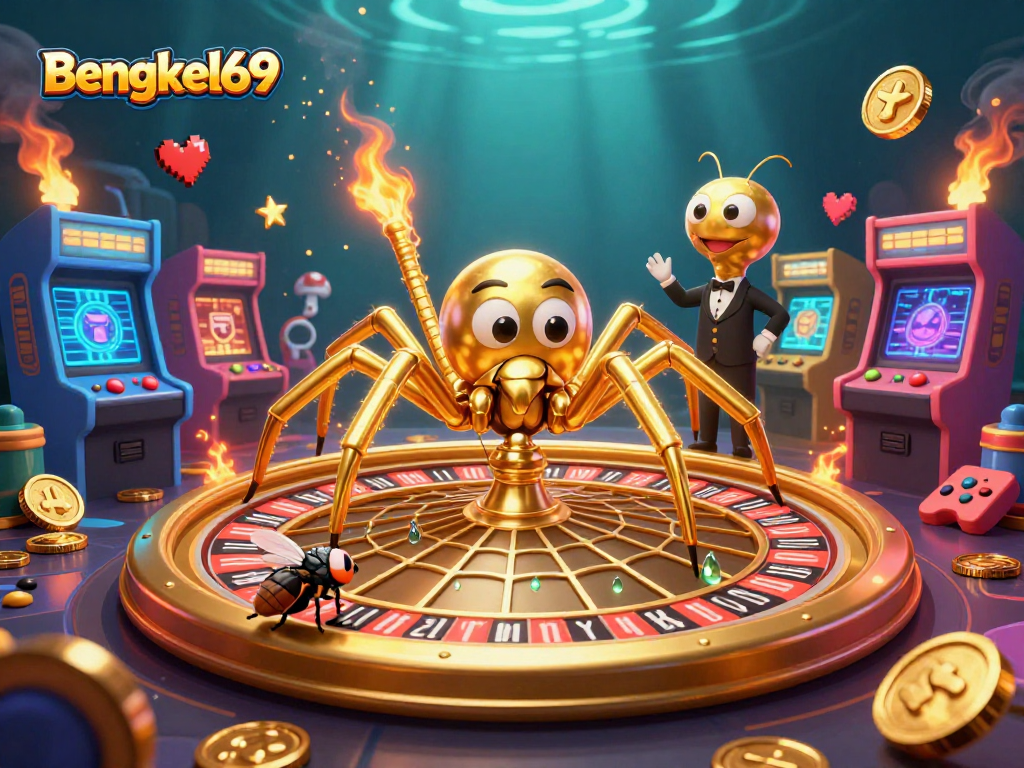 Engage in thrilling Bets with Bengkel69 at a dynamic casino scene featuring cartoon characters.