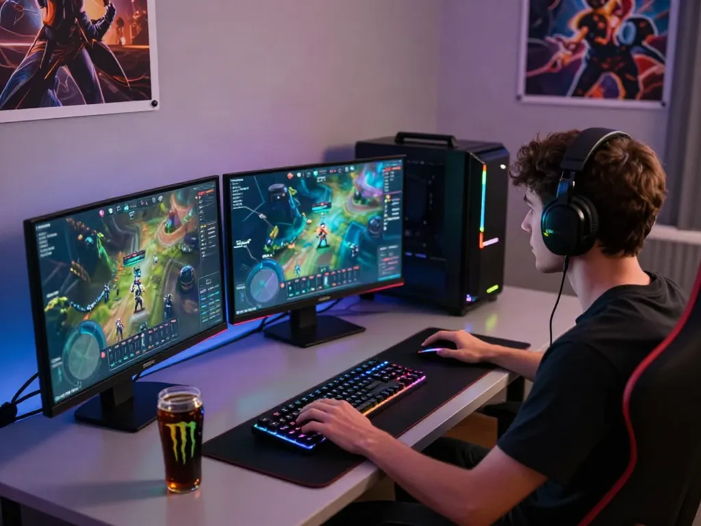A player engaged in the akunjp gaming experience at a vibrant gaming desk.