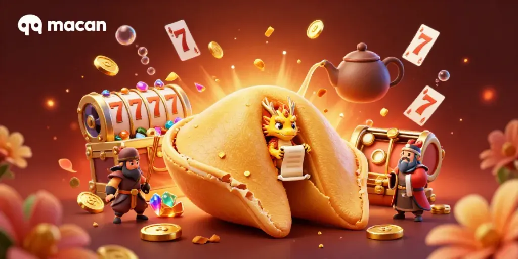 Experience fun gameplay with qq macan's golden fortune cookie and treasure-filled casino scene.