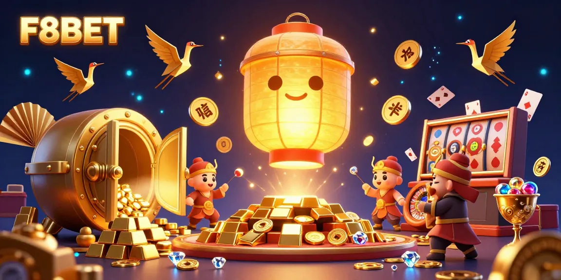 Experience F8BET's exciting casino atmosphere with golden elements, slot reels, and vibrant characters.