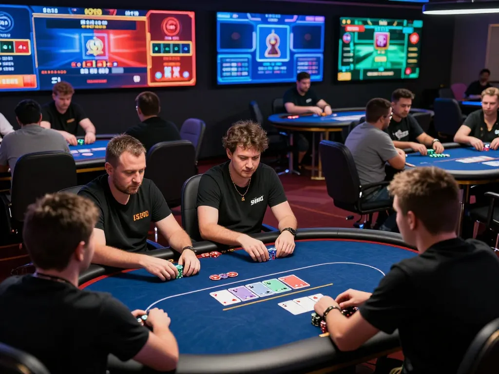 Players engaged in an intense online poker game at aa88i with vibrant digital displays and strategic gameplay moments