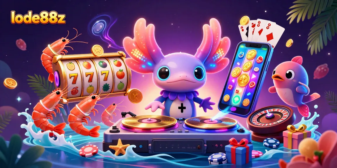 Spin vibrant slot reels with lode88z as neon characters celebrate in a lively 3D casino scene.