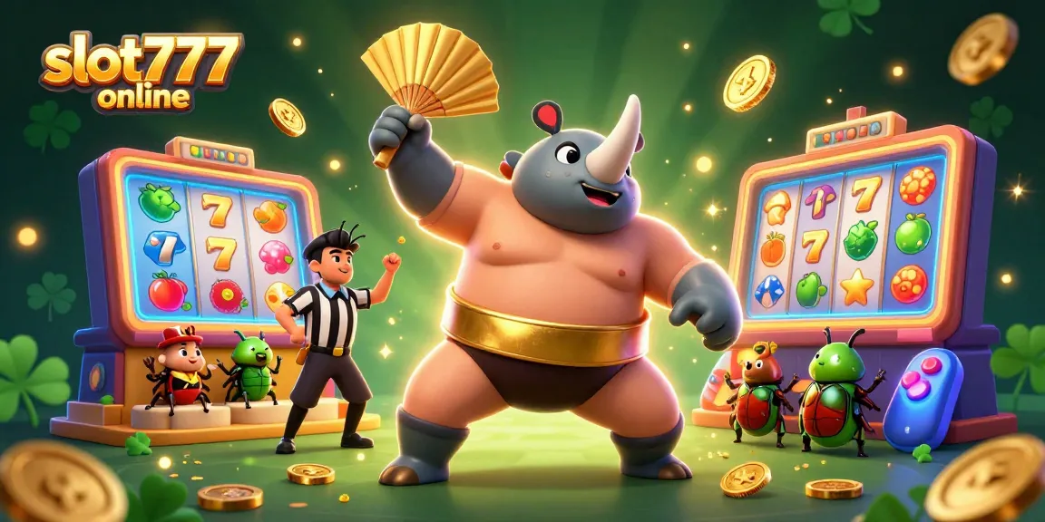 Experience thrilling gameplay at slot777 online with a vibrant scene of a beetle champion and colorful slot elements.