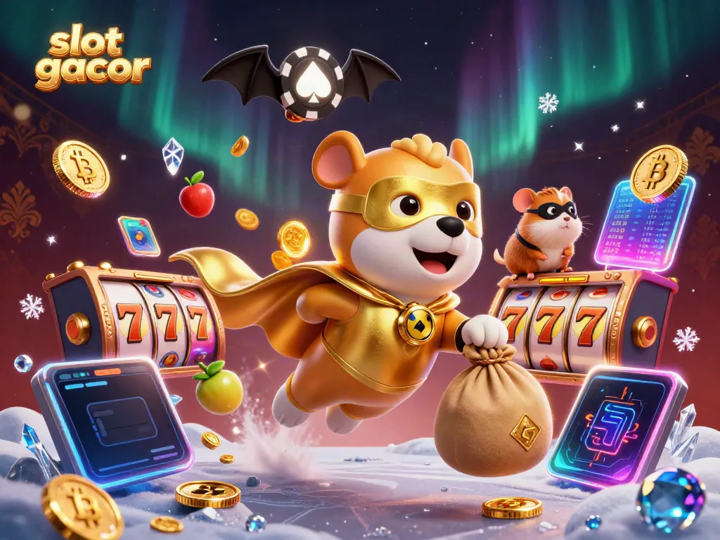 Spin the reels with slot gacor featuring a superhero dog and vibrant cryptocurrency elements.