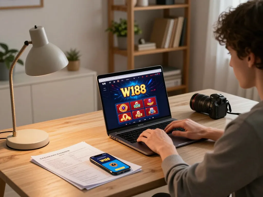 Player immersing in W188 online gaming session at stylish home desk with strategy notes and casino app.