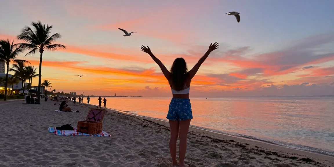 Pengunjung pantai di Miami4D, menikmati matahari terbenam yang indah dan suasana santai.