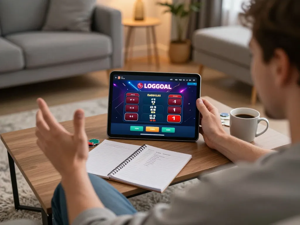 Player engaging with the LGOGOAL casino app in a cozy home environment, reflecting strategic online gambling.