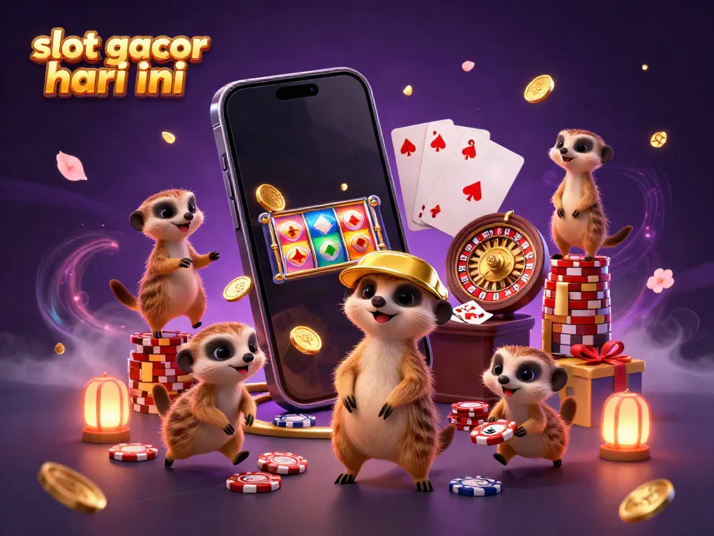 Gambaran aktivitas "slot gacor hari ini" di kasino digital dengan meerkat, slot, dan koin emas.
