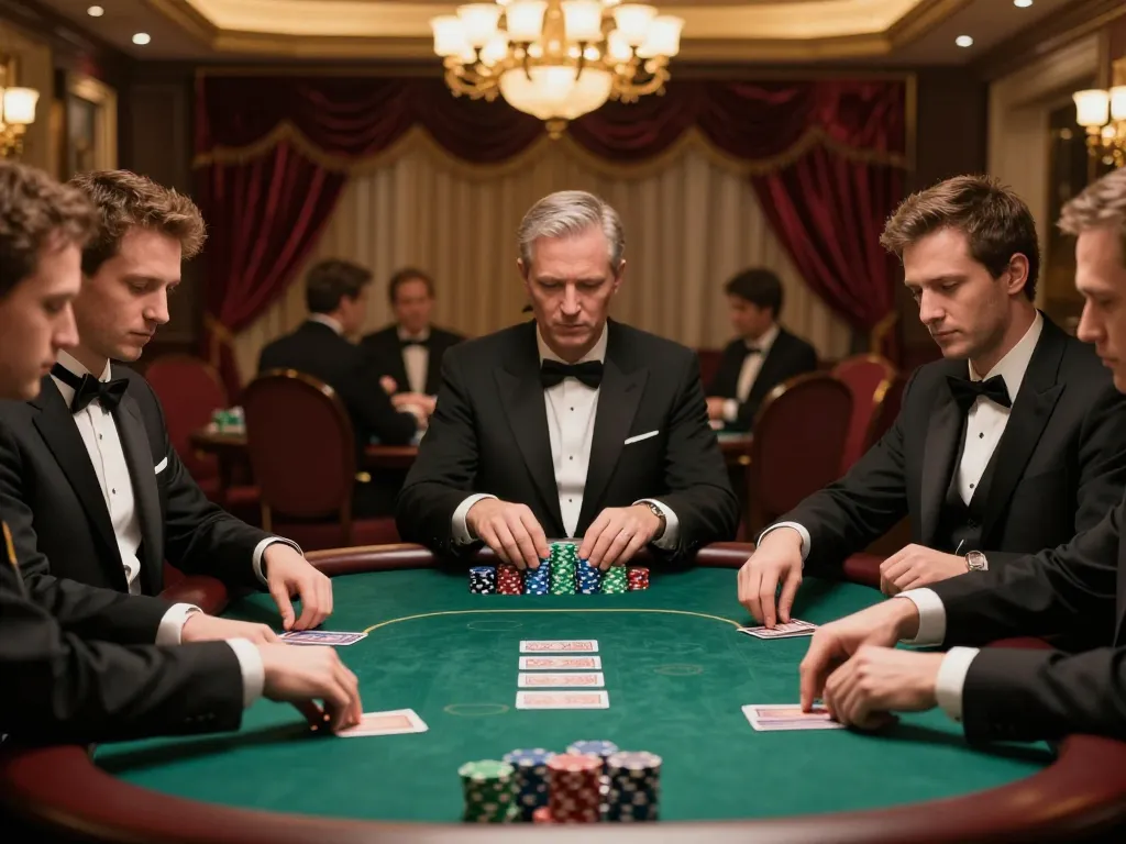 F168 players strategizing at a high-stakes poker table in a luxurious room filled with excitement.