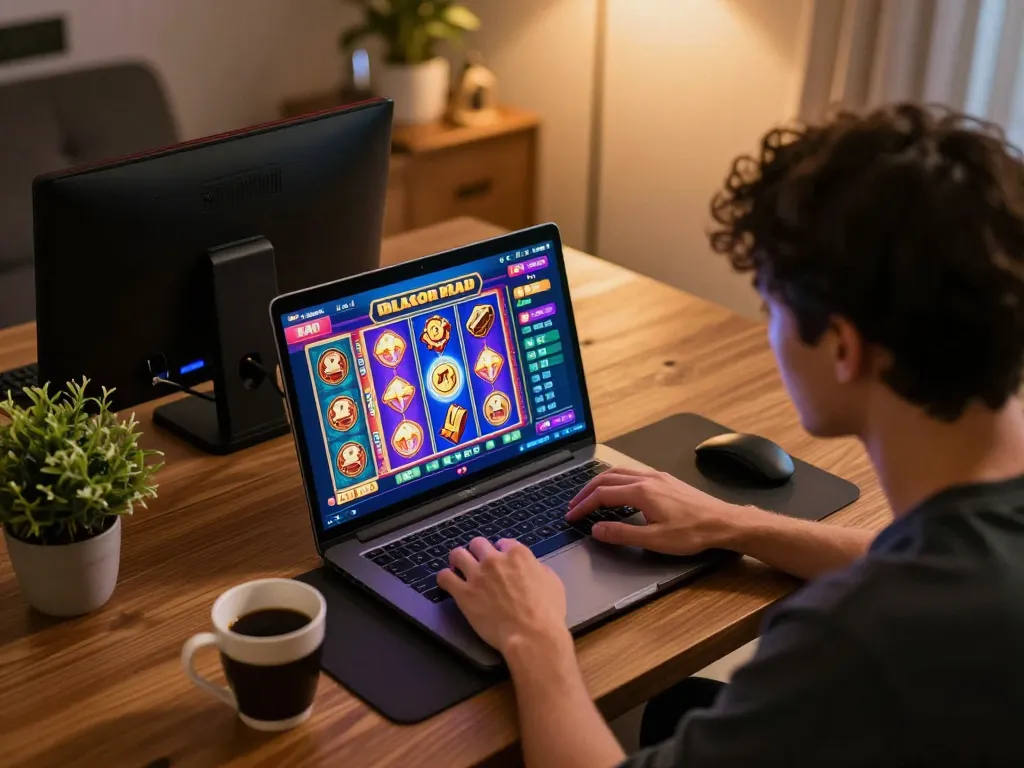 Engaged player exploring slot gacor hari ini on their laptop in a cozy home gaming setup