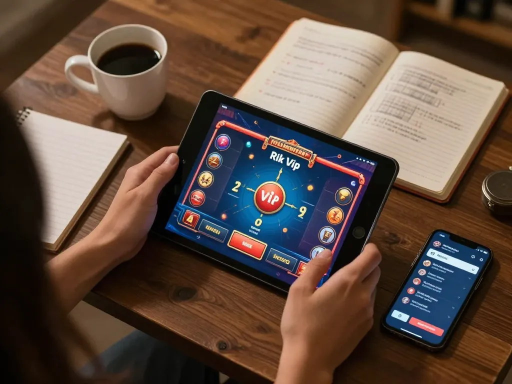 Player engaging with the rik vip online gaming app, showcasing a vibrant tablet screen and strategic notes.