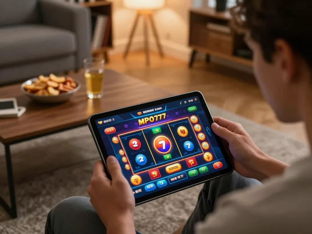 Pemain MPO777 menikmati pengalaman permainan online di setup rumah yang stylish, menampilkan permainan menarik di tablet.