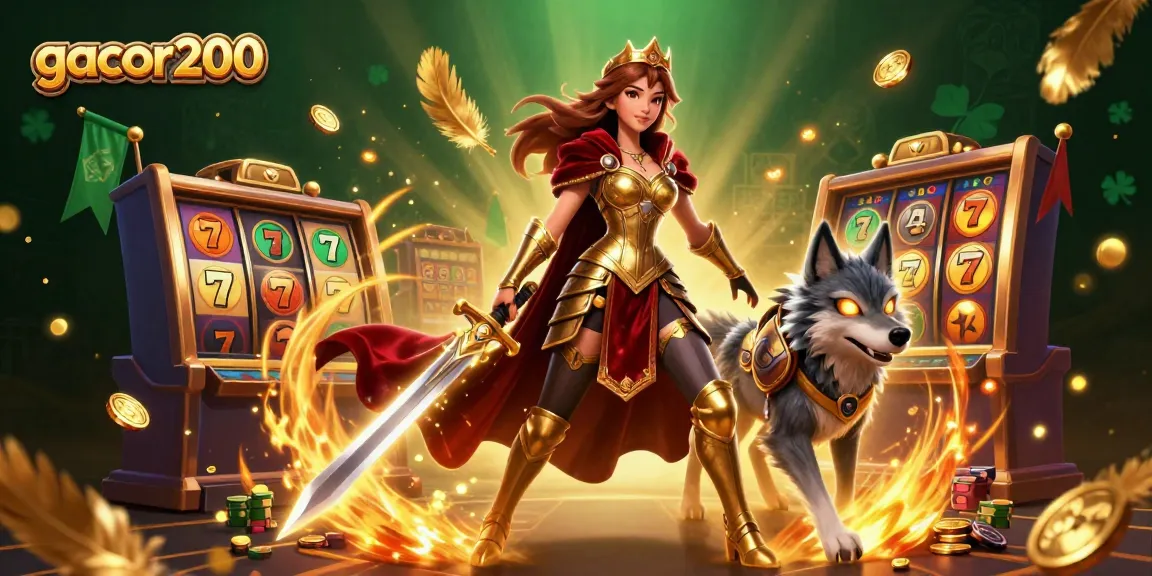Experience gacor200 with a stunning casino scene featuring a warrior queen and dynamic gaming elements.