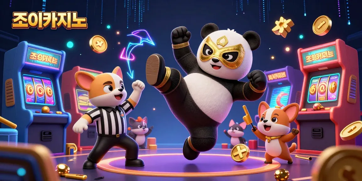 Experience thrilling action at 조이카지노 with a panda wrestler kicking in an electrifying casino scene.