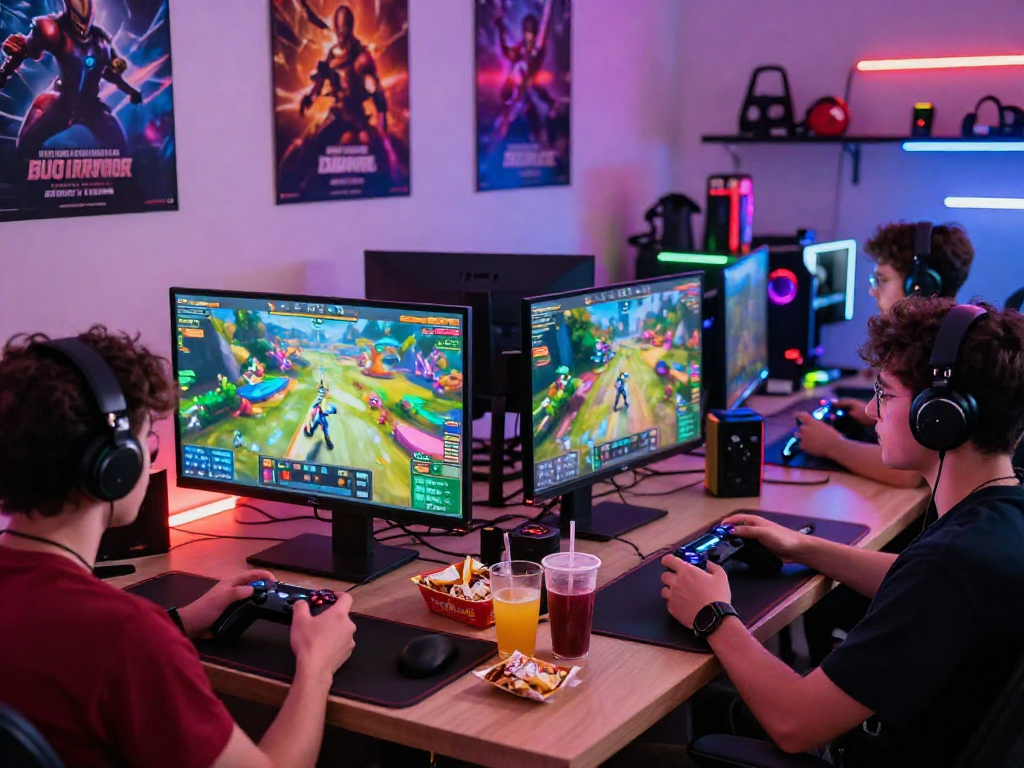 Players enjoying MPOCASH gaming on dual screens with vibrant lighting