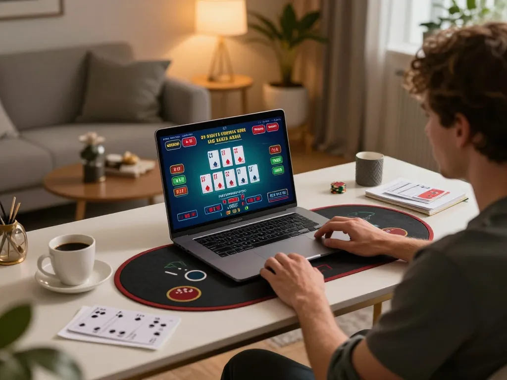 Engaged player at their online gaming setup, enjoying blackjack on kubet79 platform.