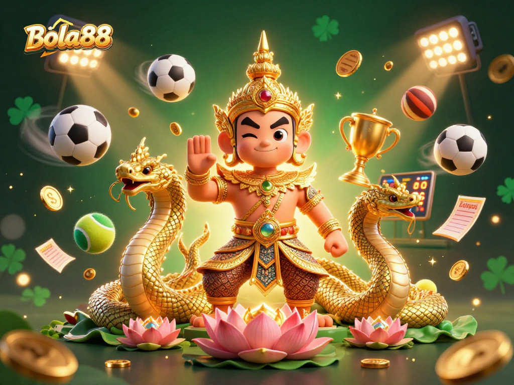 Bola88 menghadirkan keseruan taruhan olahraga dengan karakter penjaga kuil Thai dan naga, di tengah elemen permainan yang menarik.