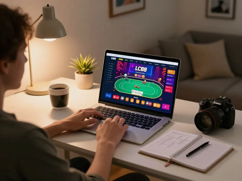 Player engaging in strategic online poker gameplay at LC88 site in cozy home environment