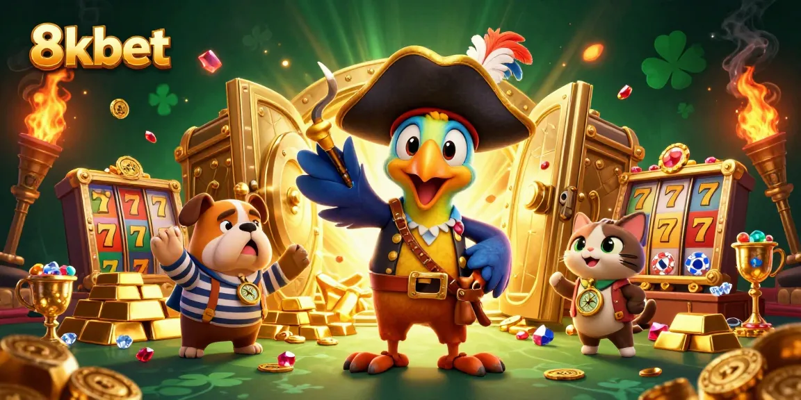 Experience the excitement of 8kbet with vibrant slot reels and colorful casino treasures.