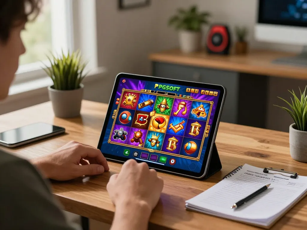 Engaging with PGSLOT IN on a tablet, showcasing colorful slot games in a cozy home atmosphere
