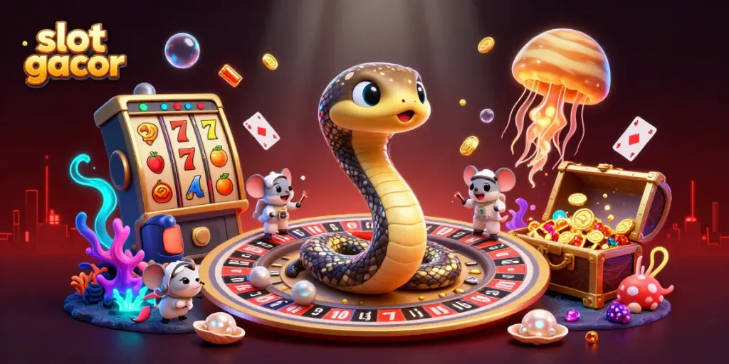 Slot gacor dengan simbol jackpot dan karakter kartun yang mempesona dalam ilustrasi 3D.