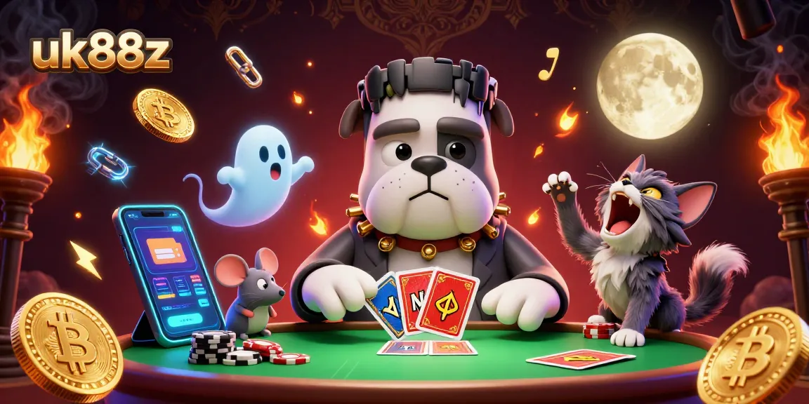 uk88z thrills with a 3D Frankenstein bulldog dealing cards at a crypto-themed casino table.
