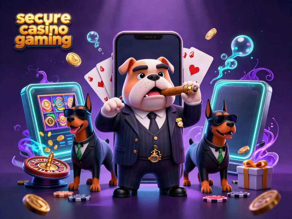 Engage in secure casino gaming with an animated mafia boss bulldog and bodyguards in a vibrant casino scene.