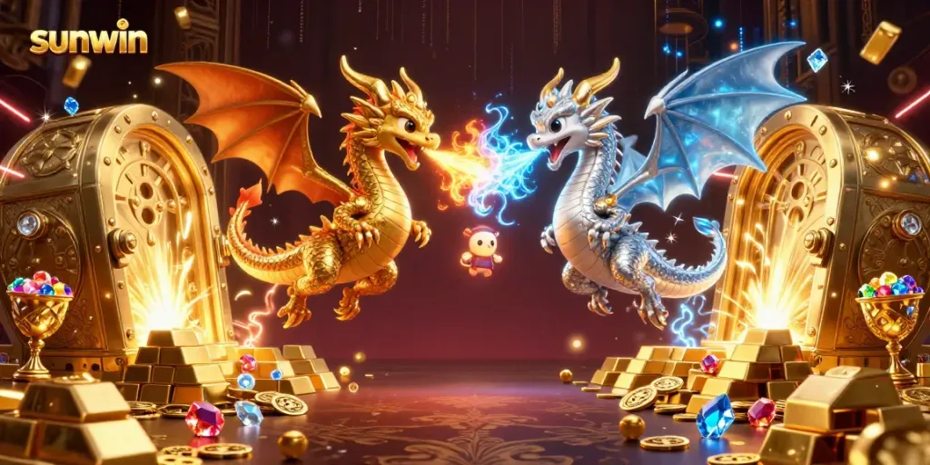 Experience exhilarating gameplay with sunwin dragons and treasures in a vibrant 3D casino illustration.